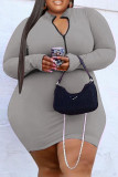 Fashion Casual Solid Basic Zipper Collar Long Sleeve Plus Size Dresses