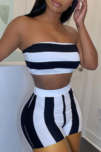 Sexy Striped Patchwork Off the Shoulder Sleeveless Two Pieces