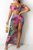 Fashion Sexy Print Backless Slit Off the Shoulder Short Sleeve Two Pieces