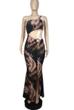 Sexy Print Hollowed Out Patchwork Oblique Collar Evening Dress Dresses