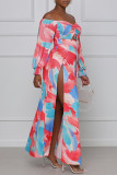 Fashion Sexy Print Hollowed Out Slit Off the Shoulder Long Sleeve Dresses