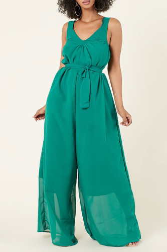 Casual Solid Patchwork Spaghetti Strap Loose Jumpsuits