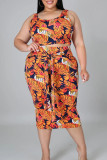Casual Print Bandage Patchwork O Neck Straight Plus Size Two Pieces