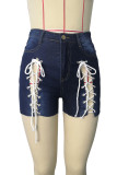 Casual Solid Bandage Buttons Without Belt Zipper Straight Mid Waist Patchwork Plus Size Denim Shorts