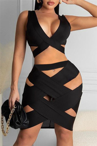 Fashion Sexy Solid Hollowed Out V Neck Sleeveless Two Pieces
