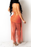 Sexy Solid Tassel Hollowed Out Patchwork Backless Swimwears Cover Up