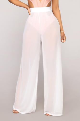 Sexy Solid See-through Loose Mid Waist Wide Leg Solid Color Bottoms