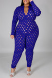 Fashion Sexy Solid Hollowed Out See-through Zipper Collar Plus Size Jumpsuits