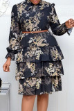Elegant Print Patchwork Frenulum With Belt Half A Turtleneck Cake Skirt Dresses