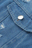 Fashion Casual Solid Ripped Turndown Collar Long Sleeve Regular Denim Jacket (No Pockets)