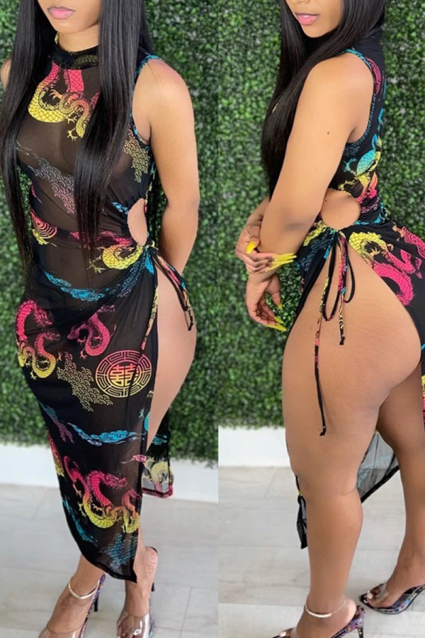 Sexy Print Bandage Patchwork See-through Half A Turtleneck Straight Dresses