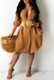 Fashion Casual Solid Without Belt Turndown Collar Shirt Dress