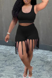 Fashion Casual Solid Tassel U Neck Sleeveless Two Pieces