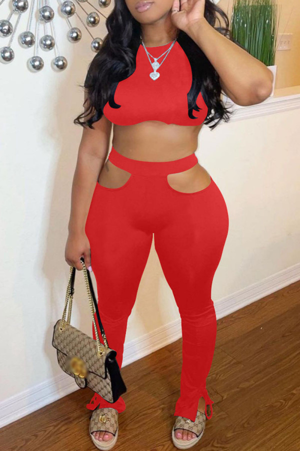Sexy Casual Solid Hollowed Out O Neck Short Sleeve Two Pieces