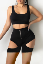 Sexy Solid Hollowed Out U Neck Sleeveless Two Pieces