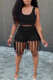 Fashion Casual Solid Tassel U Neck Sleeveless Two Pieces