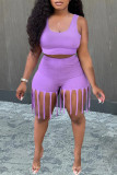 Fashion Casual Solid Tassel U Neck Sleeveless Two Pieces