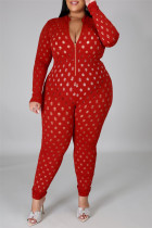 Fashion Sexy Solid Hollowed Out See-through Zipper Collar Plus Size Jumpsuits