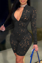 Fashion Sexy Solid Hollowed Out See-through Zipper Collar Skinny Romper