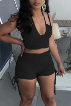 Casual Solid Patchwork Fold Spaghetti Strap Sleeveless Two Pieces