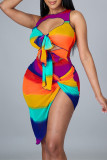 Fashion Sexy Print Hollowed Out O Neck Sleeveless Two Pieces