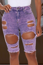 Casual Solid Ripped Mid Waist Straight Denim Shorts