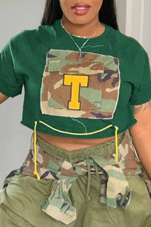 Sexy Camouflage Print Patchwork O Neck T-Shirts