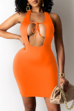 Fashion Sexy Solid Hollowed Out Strap Design U Neck Vest Dress