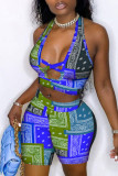 Sexy Print Hollowed Out Patchwork Halter Sleeveless Two Pieces