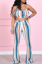 Sexy Casual Striped Print Backless Spaghetti Strap Sleeveless Two Pieces