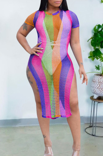 Sexy Print Hollowed Out See-through Slit Swimwears Blouse Dress