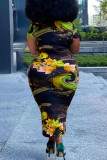 Sexy Print Patchwork O Neck One Step Skirt Plus Size Dresses