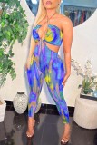 Sexy Print Hollowed Out Backless Halter Sleeveless Skinny Jumpsuits