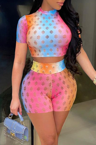 Fashion Casual Print Hollowed Out See-through O Neck Short Sleeve Two Pieces