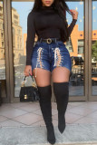 Fashion Casual Solid Strap Design Without Belt High Waist Jeans