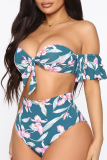 Sexy Print Patchwork Off the Shoulder Plus Size Swimwear
