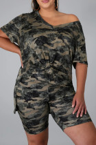 Fashion Casual Camouflage Print Slit V Neck Plus Size Two Pieces