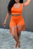 Fashion Casual Solid Tassel U Neck Sleeveless Two Pieces