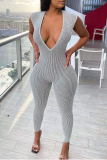 Sexy Solid Patchwork V Neck Skinny Jumpsuits