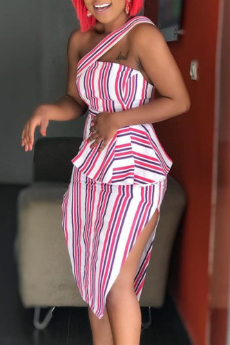 Fashion Sexy Striped Print Backless Slit One Shoulder Sleeveless Dress