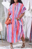 Fashion Casual Striped Print Basic V Neck Short Sleeve Dress