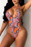 Fashion Sexy Print Hollowed Out Backless Swimwears
