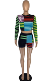 Casual Striped Patchwork O Neck Long Sleeve Two Pieces