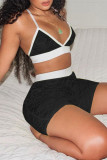 Fashion Sexy Patchwork See-through Backless V Neck Sleeveless Two Pieces
