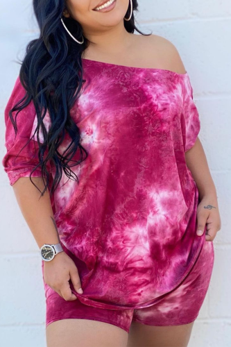 Casual Patchwork Tie-dye One Shoulder Plus Size Two Pieces