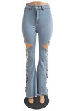 Fashion Casual Solid Ripped High Waist Boot Cut Jeans
