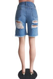 Casual Patchwork Ripped Mid Waist Straight Denim Shorts