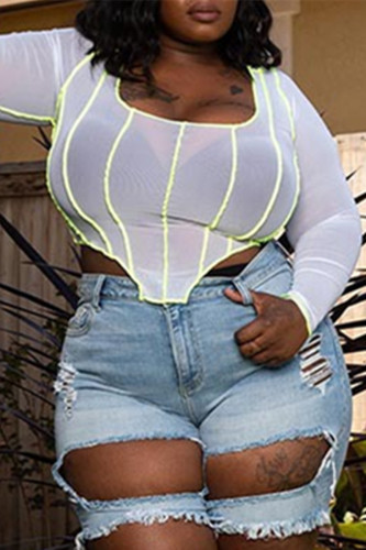 Sexy Casual Solid See-through U Neck Plus Size Tops