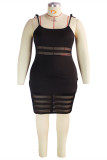 Fashion Sexy Plus Size Patchwork See-through Spaghetti Strap Sleeveless Dress