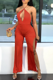 Sexy Solid High Opening Halter Boot Cut Jumpsuits